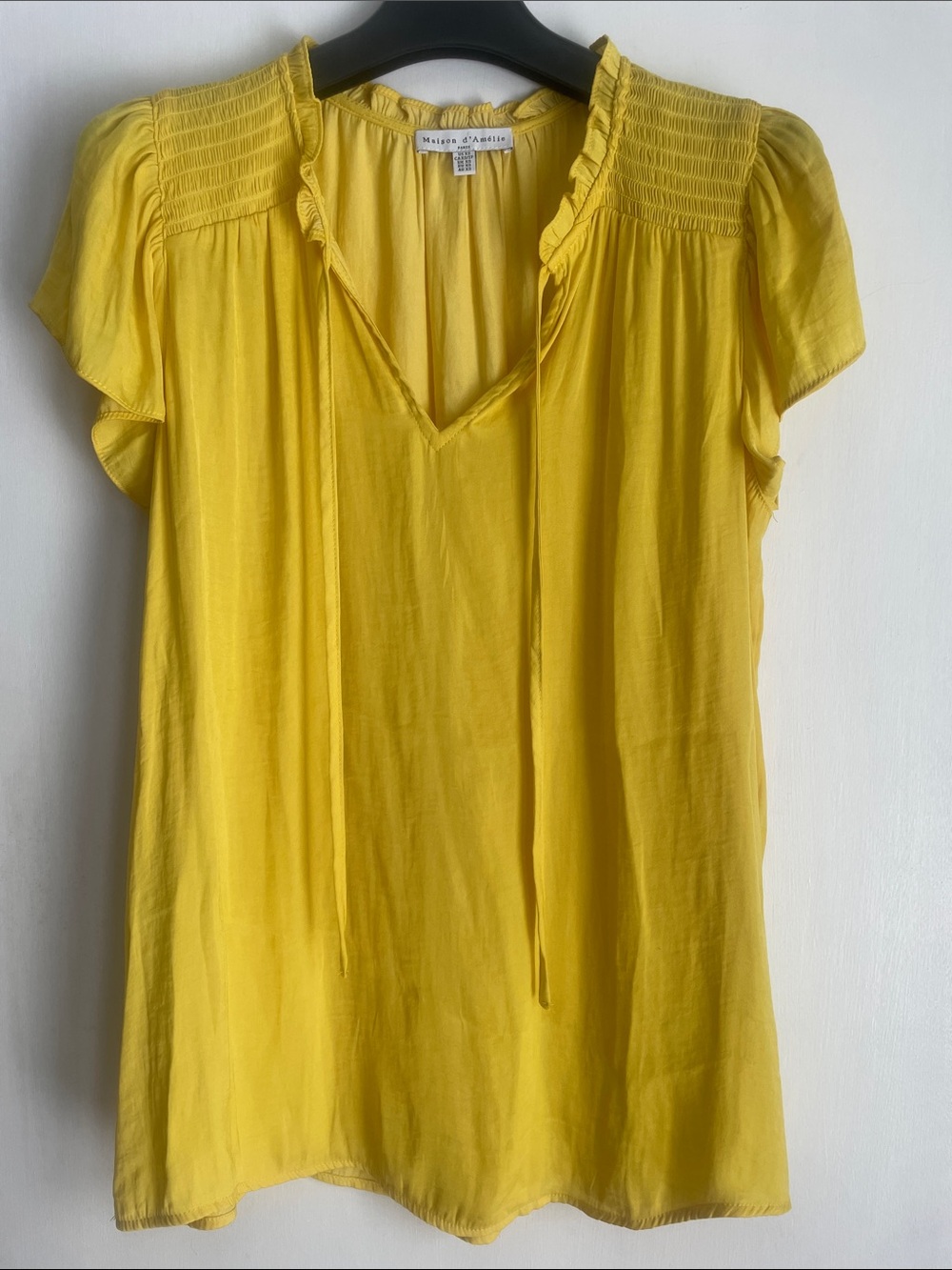 Maison d’ Amelie Yellow Smocked Y-Neck Flutter Blouse